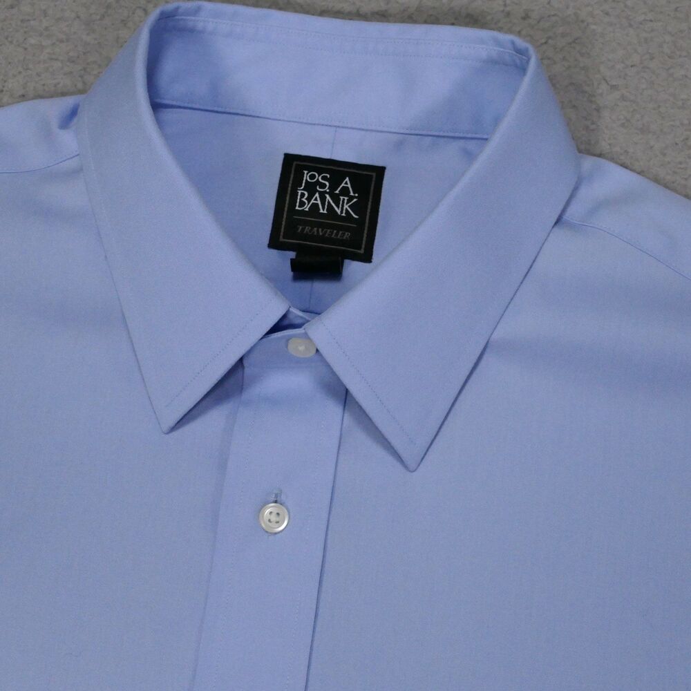 Jos A Bank Traveler Shirt Mens 17-37 Blue Button Up Long Sleeve